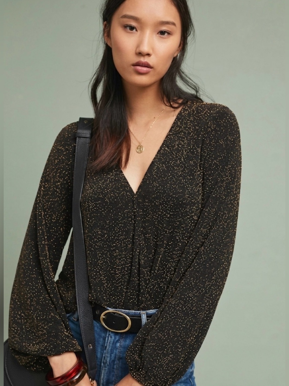 Anthropologie IF BY SEA Kenton After Dark Gold Metallic Surplice Top Size M